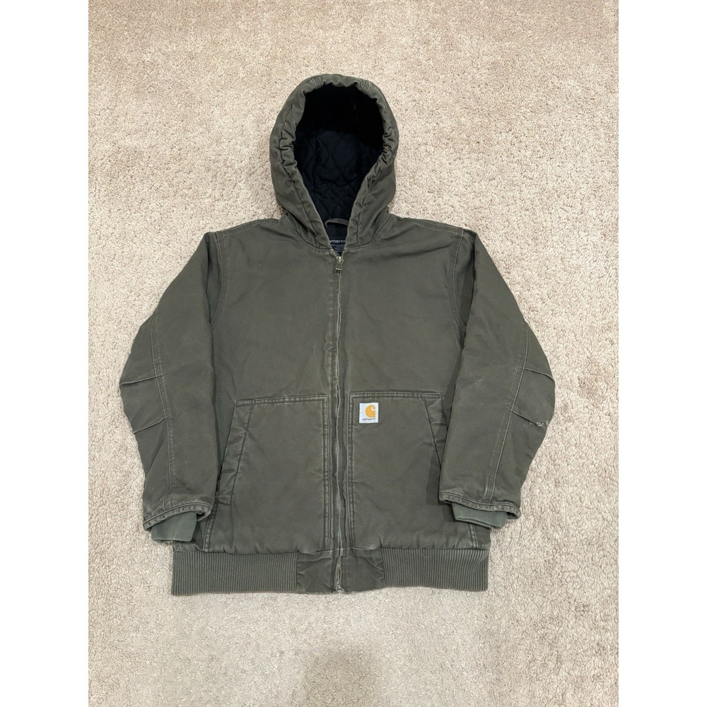 Carhartt Kids Jacket Olive Green Full Zip Youth Large (14-16) Hooded Workwear